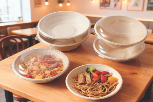 Soups and salads served in biodegradable bowls
