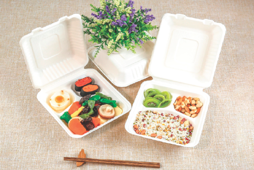 Gourmet meals in clamshell and takeout bagasse boxes